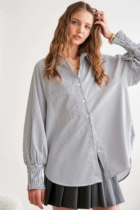 ADORA High - Low Striped Button Down Smocked Lantern Sleeve Shirt - S. M. & Co.