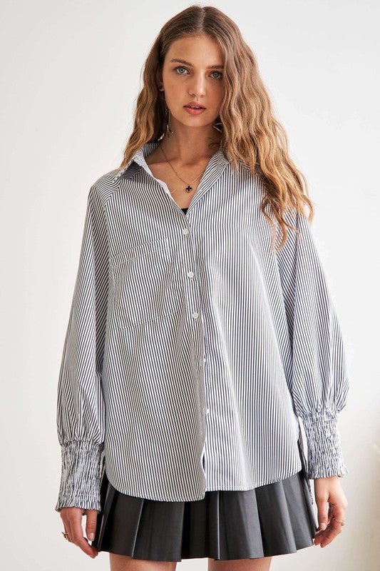 ADORA High - Low Striped Button Down Smocked Lantern Sleeve Shirt - S. M. & Co.