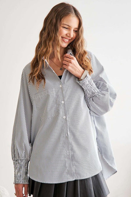 ADORA High - Low Striped Button Down Smocked Lantern Sleeve Shirt - S. M. & Co.