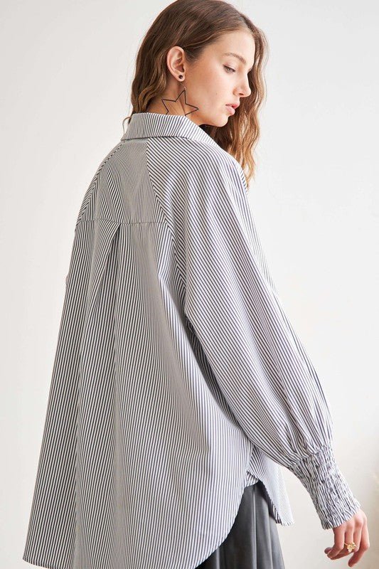 ADORA High - Low Striped Button Down Smocked Lantern Sleeve Shirt - S. M. & Co.