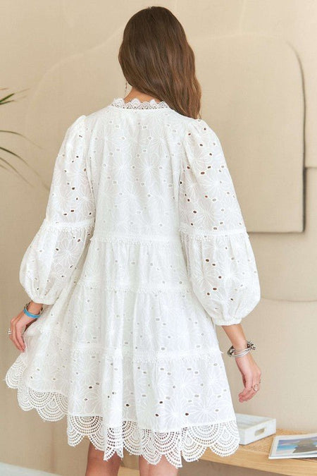 ADORA Lace Detail Tiered Eyelet V - Neck Babydoll Dress - S. M. & Co.