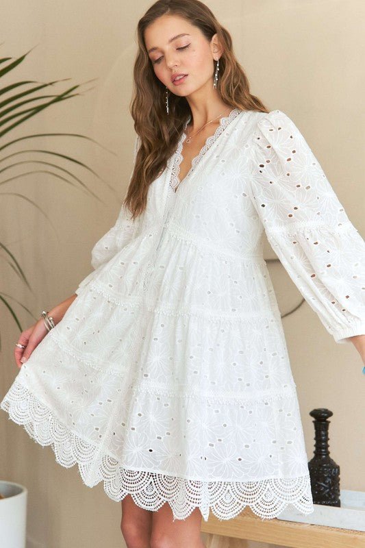 ADORA Lace Detail Tiered Eyelet V - Neck Babydoll Dress - S. M. & Co.