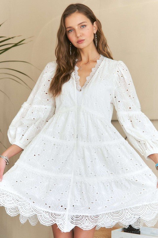 ADORA Lace Detail Tiered Eyelet V - Neck Babydoll Dress - S. M. & Co.