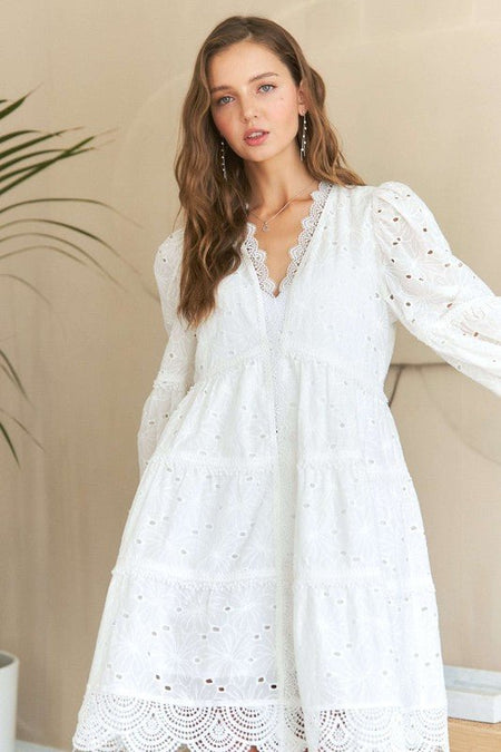 ADORA Lace Detail Tiered Eyelet V - Neck Babydoll Dress - S. M. & Co.