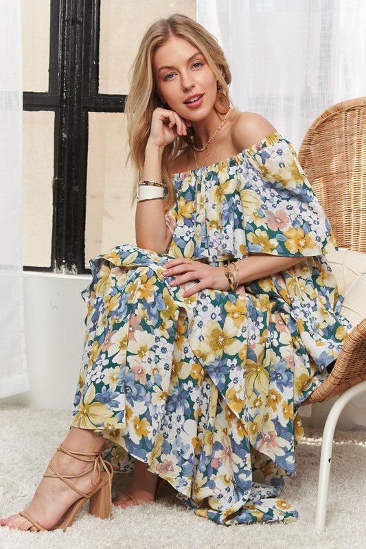 ADORA Layered Floral Off - Shoulder Short Sleeve Maxi Dress - S. M. & Co.