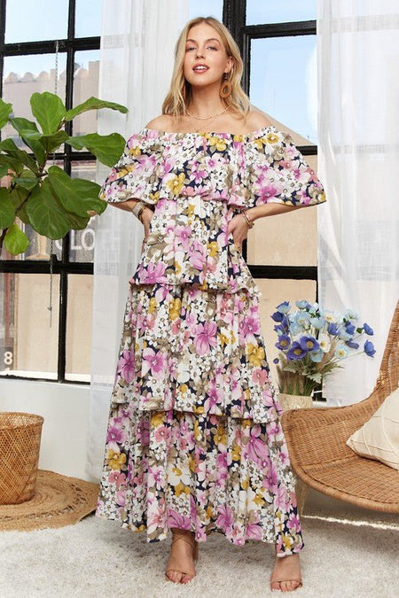 ADORA Layered Floral Off - Shoulder Short Sleeve Maxi Dress - S. M. & Co.