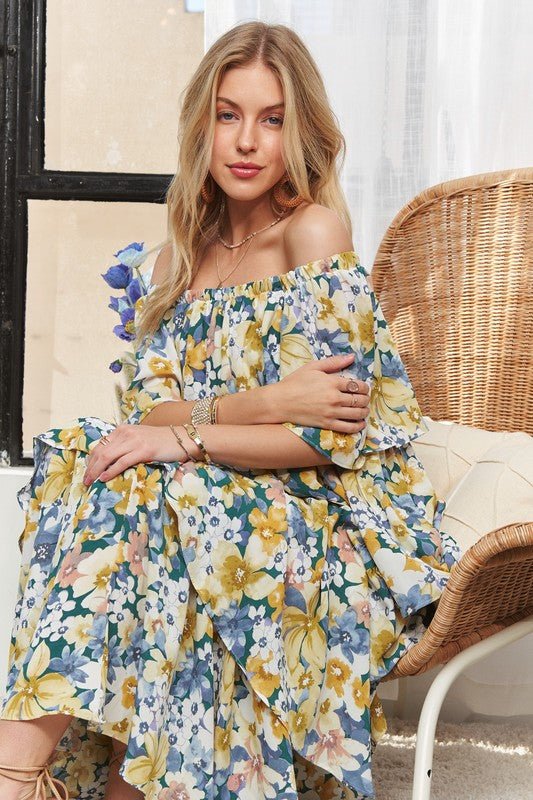 ADORA Layered Floral Off - Shoulder Short Sleeve Maxi Dress - S. M. & Co.