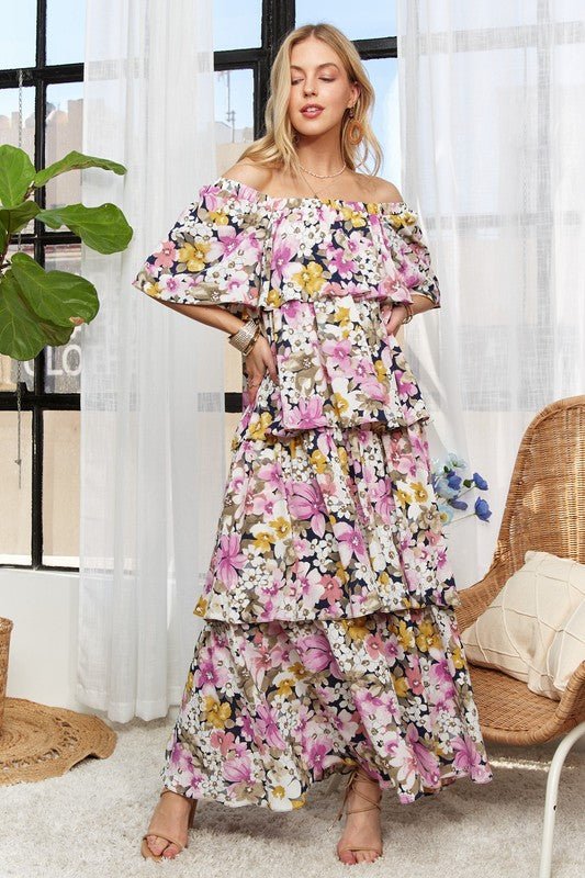 ADORA Layered Floral Off - Shoulder Short Sleeve Maxi Dress - S. M. & Co.