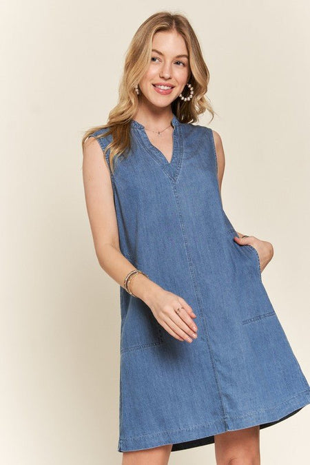 ADORA Notched Sleeveless Denim Dress with Pockets - S. M. & Co.