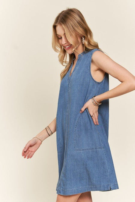 ADORA Notched Sleeveless Denim Dress with Pockets - S. M. & Co.