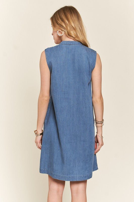 ADORA Notched Sleeveless Denim Dress with Pockets - S. M. & Co.