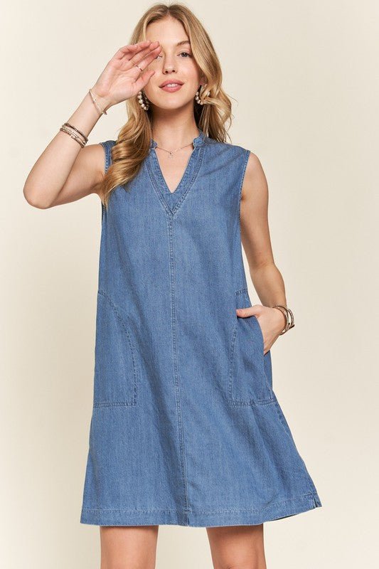 ADORA Notched Sleeveless Denim Dress with Pockets - S. M. & Co.