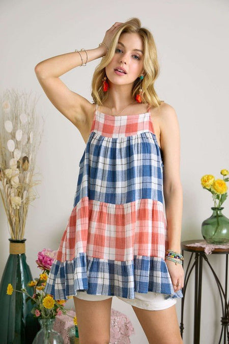 ADORA Plaid Tiered Babydoll Cami - S. M. & Co.