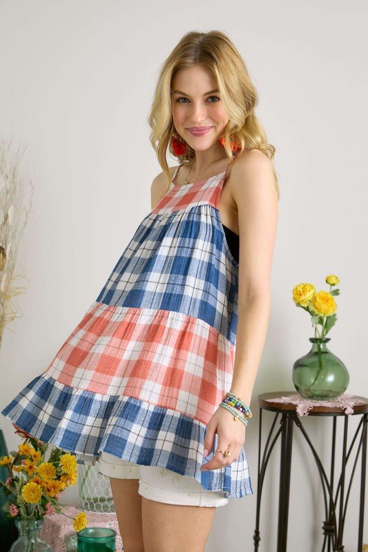 ADORA Plaid Tiered Babydoll Cami - S. M. & Co.