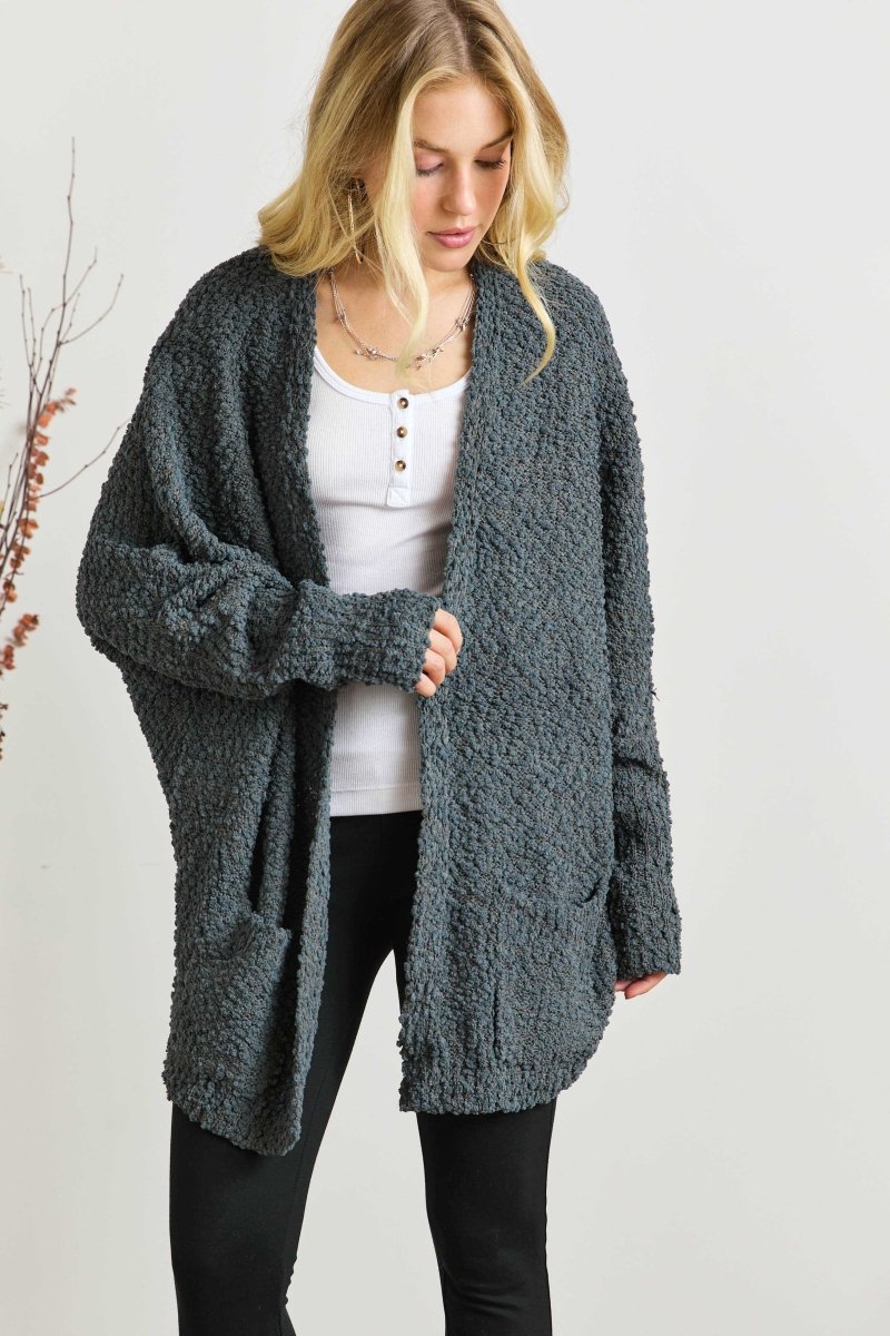 ADORA Popcorn Knit Open Front Long Sleeve Cardigan - S. M. & Co.