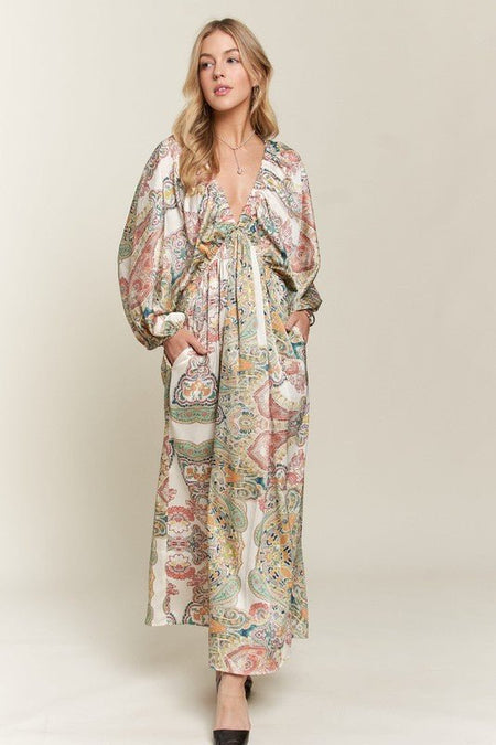 ADORA Printed V - Neck Batwing Sleeve Dress - S. M. & Co.