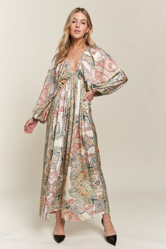 ADORA Printed V - Neck Batwing Sleeve Dress - S. M. & Co.