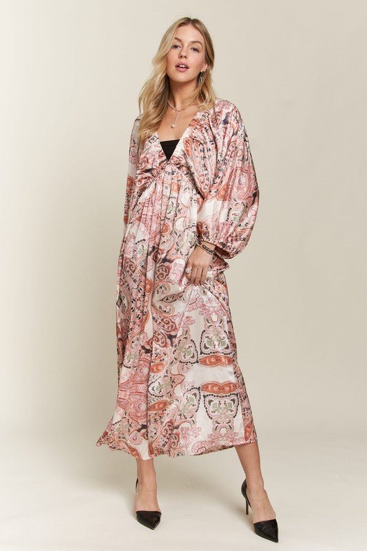 ADORA Printed V - Neck Batwing Sleeve Dress - S. M. & Co.