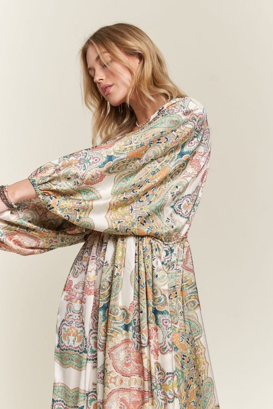 ADORA Printed V - Neck Batwing Sleeve Dress - S. M. & Co.