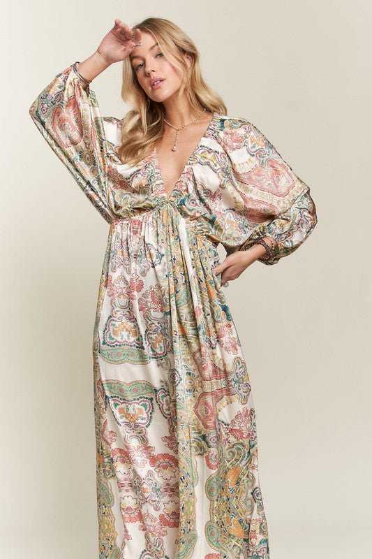 ADORA Printed V - Neck Batwing Sleeve Dress - S. M. & Co.