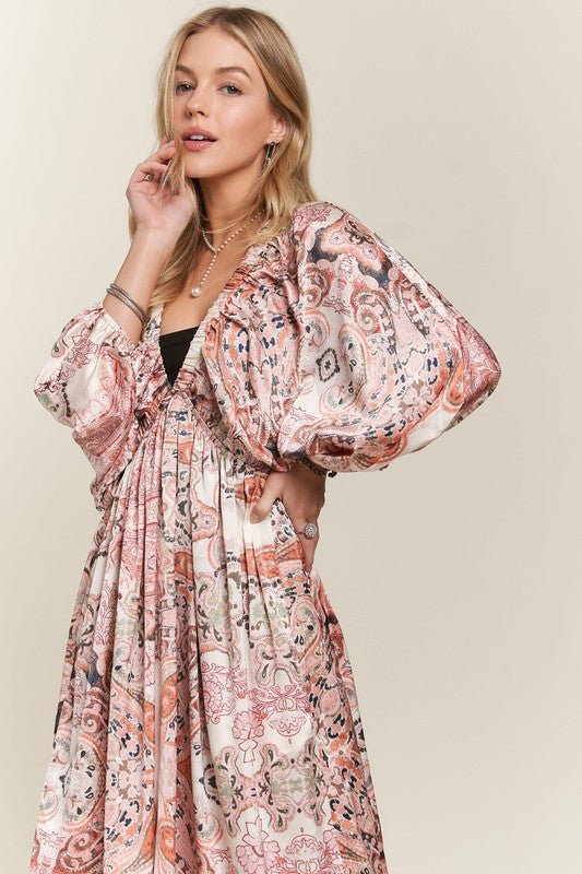 ADORA Printed V - Neck Batwing Sleeve Dress - S. M. & Co.