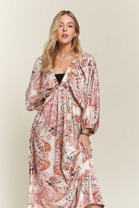 ADORA Printed V - Neck Batwing Sleeve Dress - S. M. & Co.