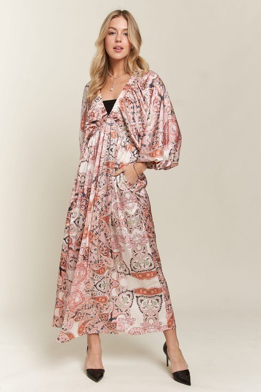 ADORA Printed V - Neck Batwing Sleeve Dress - S. M. & Co.