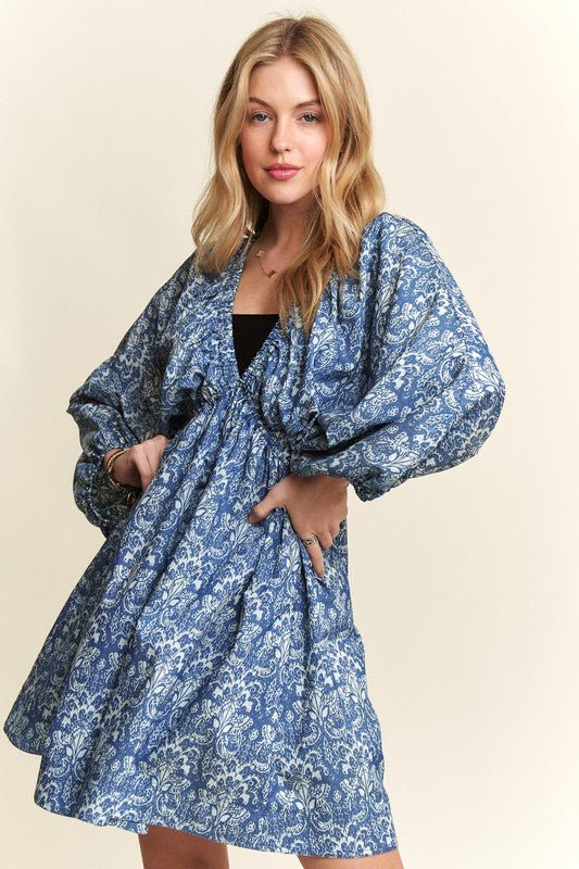 ADORA Printed V - Neck Batwing Sleeve Mini Dress - S. M. & Co.