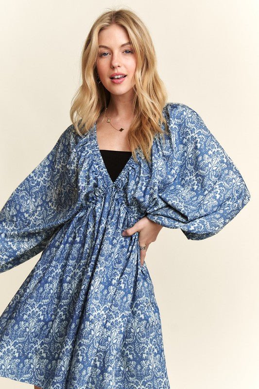 ADORA Printed V - Neck Batwing Sleeve Mini Dress - S. M. & Co.