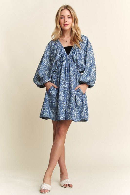 ADORA Printed V - Neck Batwing Sleeve Mini Dress - S. M. & Co.