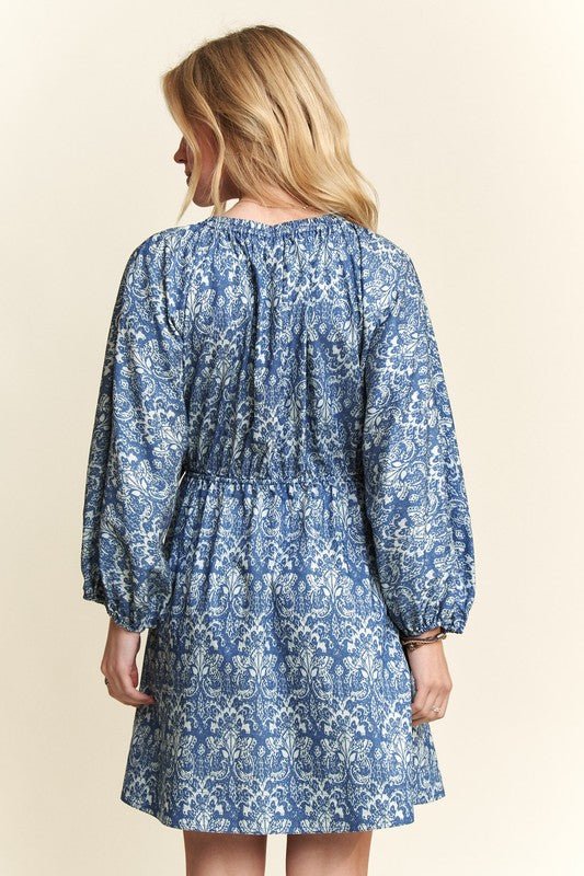 ADORA Printed V - Neck Batwing Sleeve Mini Dress - S. M. & Co.