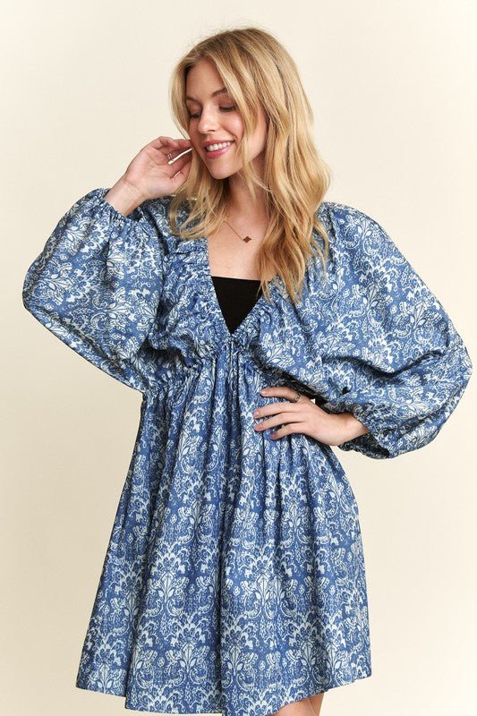 ADORA Printed V - Neck Batwing Sleeve Mini Dress - S. M. & Co.