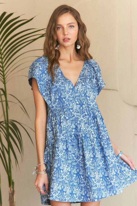 ADORA Printed V - Neck Ruffle Sleeve Mini Dress - S. M. & Co.