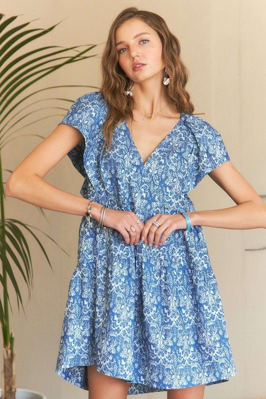 ADORA Printed V - Neck Ruffle Sleeve Mini Dress - S. M. & Co.