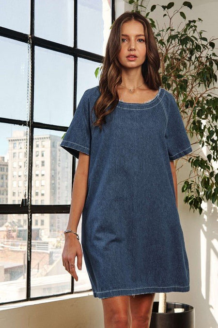 ADORA Raw Hem Mini Denim Dress with Pockets - S. M. & Co.