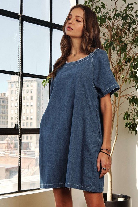 ADORA Raw Hem Mini Denim Dress with Pockets - S. M. & Co.