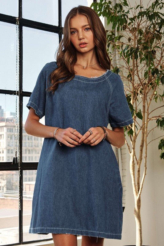 ADORA Raw Hem Mini Denim Dress with Pockets - S. M. & Co.