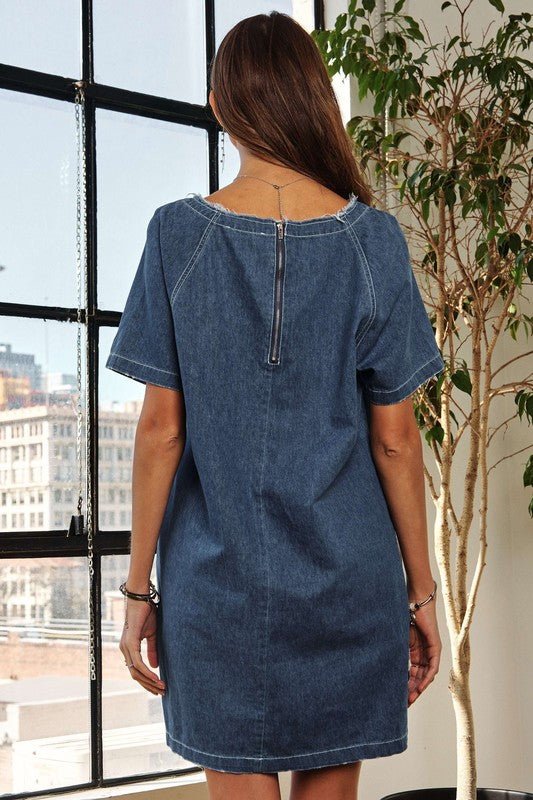 ADORA Raw Hem Mini Denim Dress with Pockets - S. M. & Co.