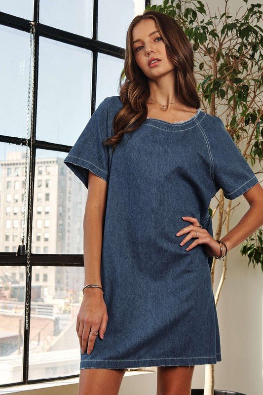 ADORA Raw Hem Mini Denim Dress with Pockets - S. M. & Co.