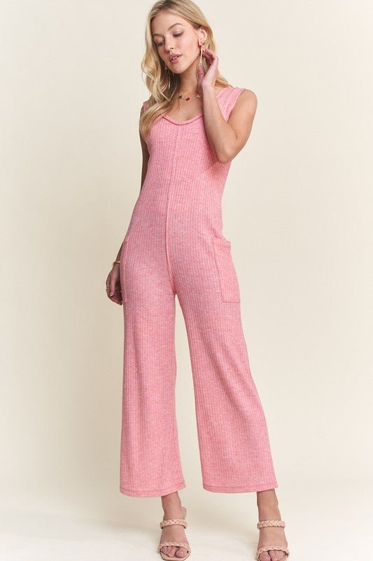 ADORA Ribbed V - Neck Wide Leg Jumpsuit with Pockets - S. M. & Co.