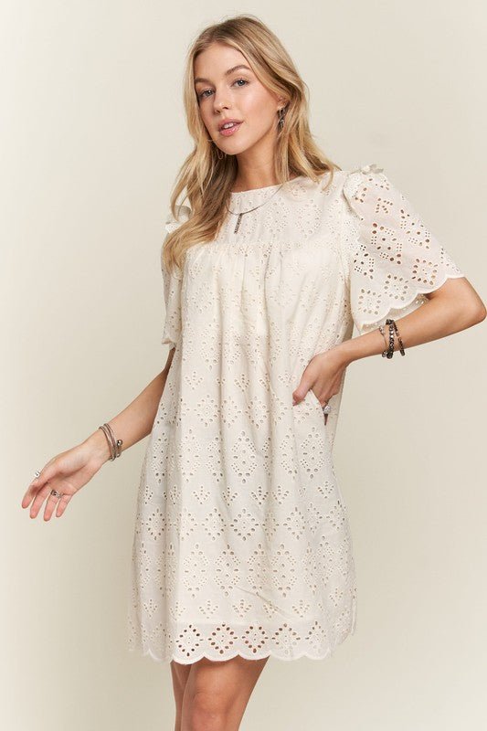 ADORA Ruffled Eyelet Round Neck Dress - S. M. & Co.