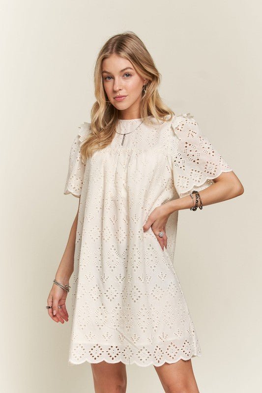 ADORA Ruffled Eyelet Round Neck Dress - S. M. & Co.