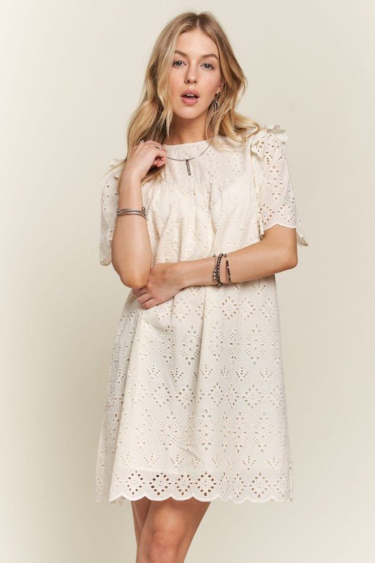 ADORA Ruffled Eyelet Round Neck Dress - S. M. & Co.