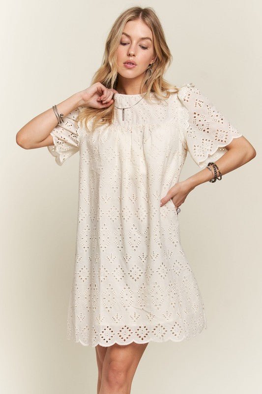 ADORA Ruffled Eyelet Round Neck Dress - S. M. & Co.