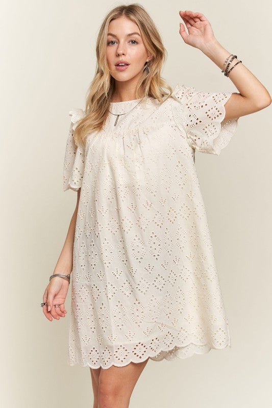 ADORA Ruffled Eyelet Round Neck Dress - S. M. & Co.