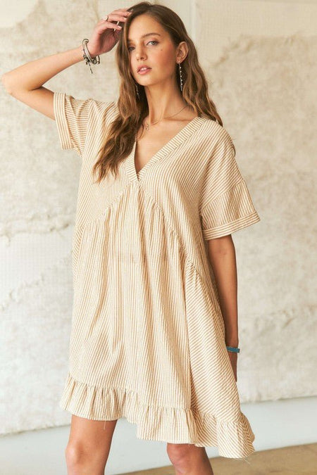 ADORA Ruffled Hem Striped V - Neck Babydoll Dress - S. M. & Co.