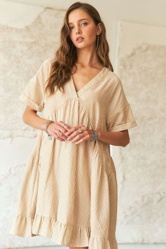 ADORA Ruffled Hem Striped V - Neck Babydoll Dress - S. M. & Co.