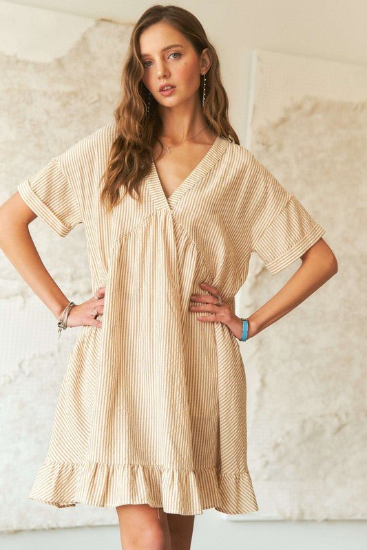 ADORA Ruffled Hem Striped V - Neck Babydoll Dress - S. M. & Co.