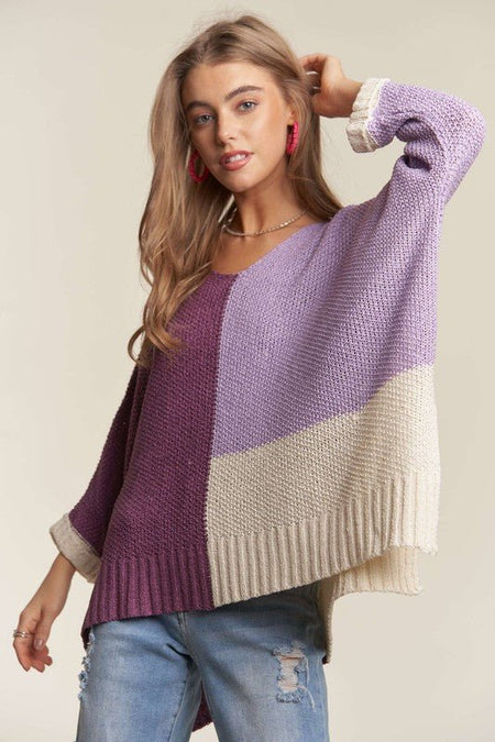 ADORA Side Slit Color Block Long Sleeve Sweater - S. M. & Co.