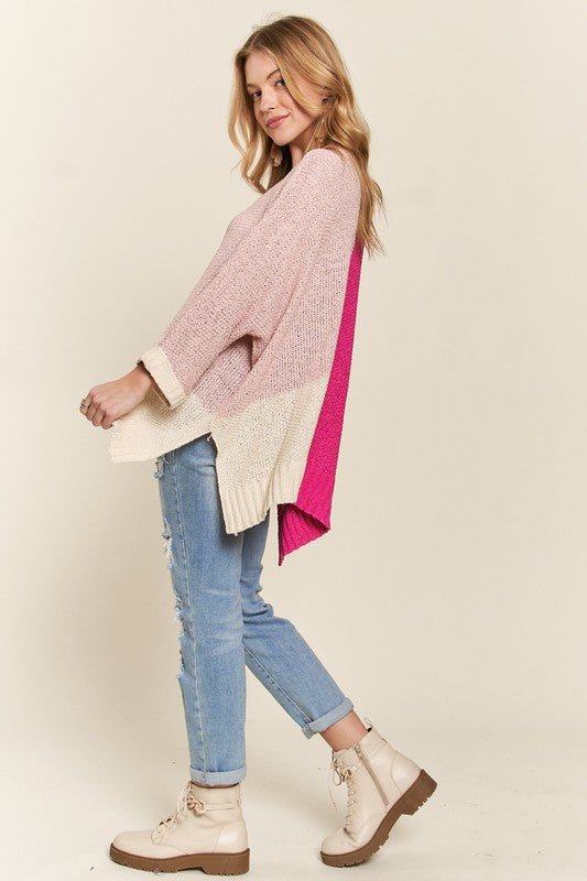 ADORA Side Slit Color Block Long Sleeve Sweater - S. M. & Co.